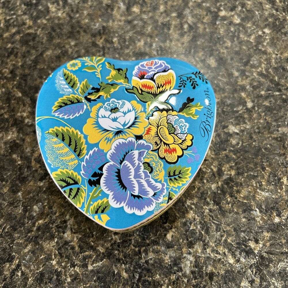 BRIGHTON Tin Metal HEART Floral Florentine  3.75” Gift Trinket Box VTG